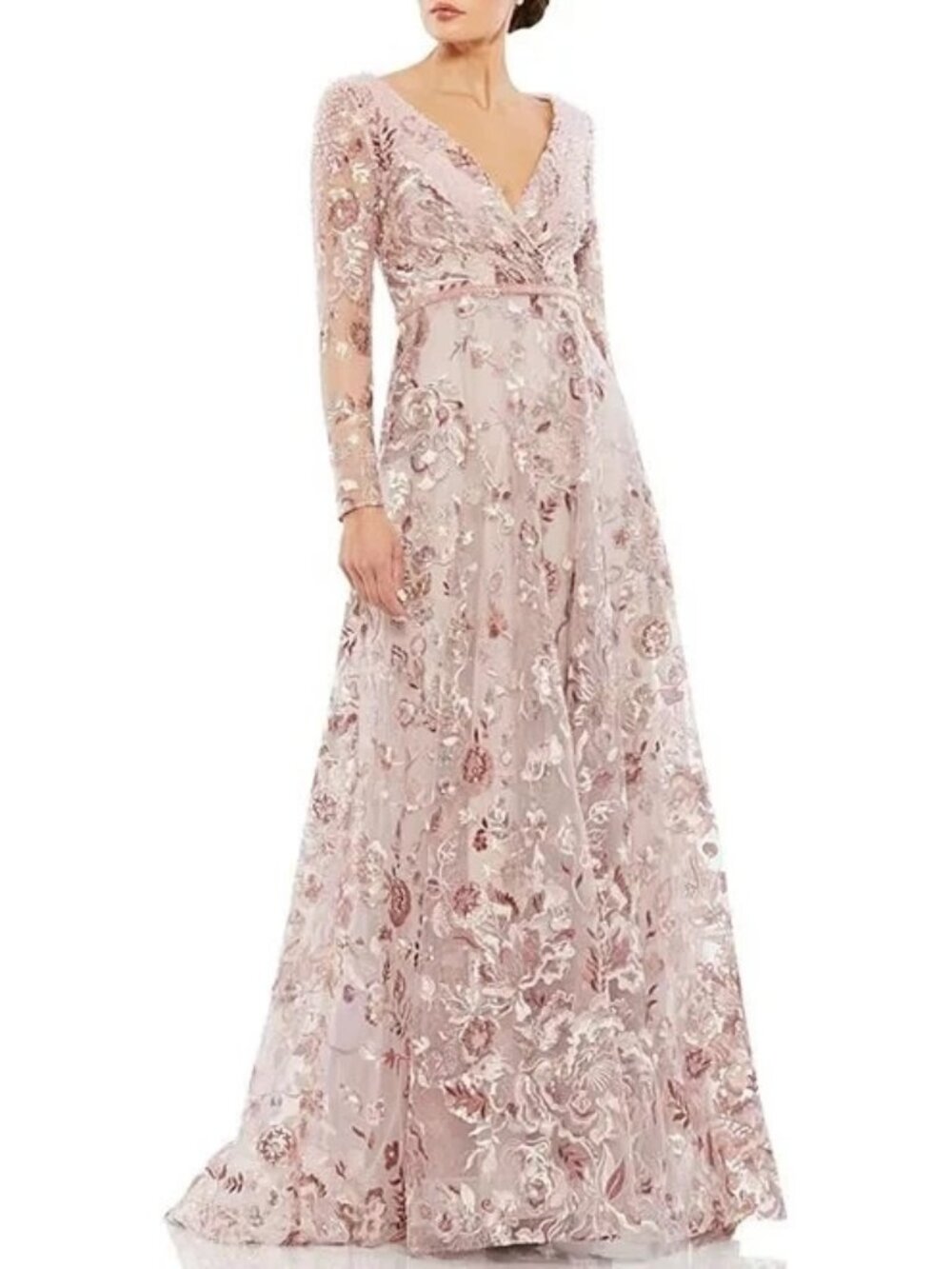 Mac Duggal Rose Embellished V-Neck Embroidered Illusion Gown
